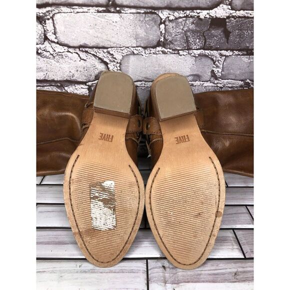 Frye Tan Brown Leather Harness Side Zipper Heel Boots Women Sz 6M US/37EU - Picture 13 of 15